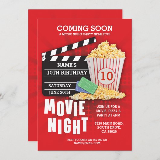 映画夜フィルムの映画館の誕生会の赤い招待 招待状 (正面/裏面)