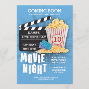 映画夜フィルムの映画館の誕生会の青い招待 招待状