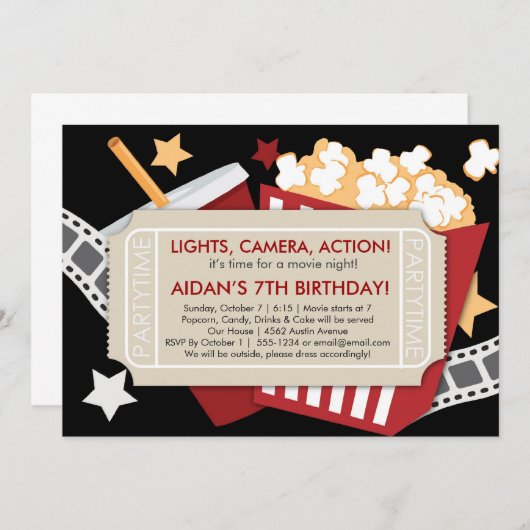 映画時間招待状-男の子または女の子のための… 招待状 (正面/裏面)