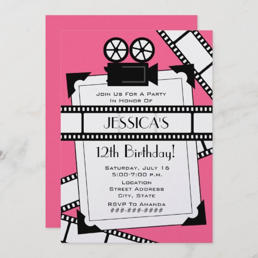 映画用カメラのフィルムおよび写真の誕生会の招待 招待状 (正面/裏面)