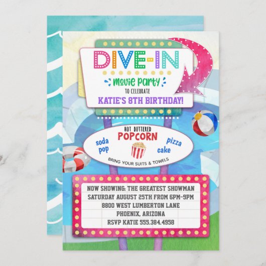 映画誕生日のパーティの招待状の飛び込み 招待状 (正面/裏面)