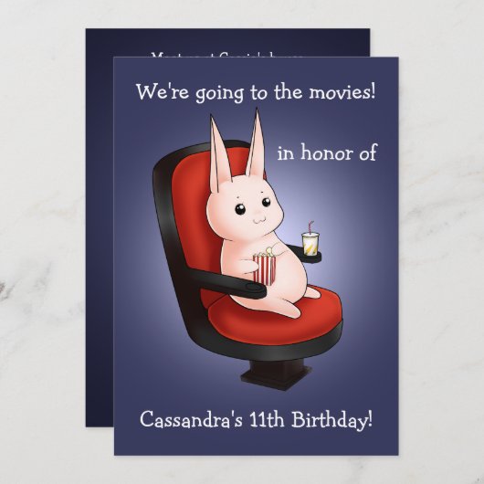 映画館のかわいいバニーの誕生日 招待状 (正面/裏面)