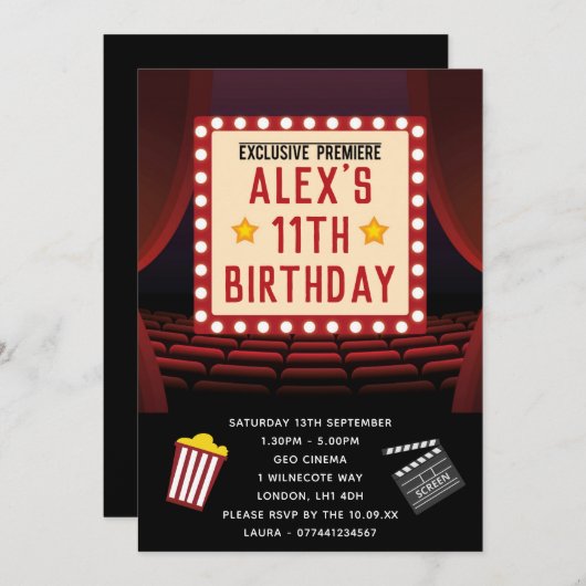 映画館のパーティーの誕生日の招待状 招待状 (正面/裏面)