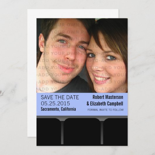 映画館の写真を保存する日付招待状、青 セーブザデート (正面/裏面)