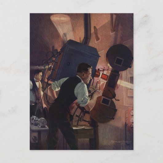 映画館の映写技師、ヴィンテージ ビジネス ポストカード (正面)