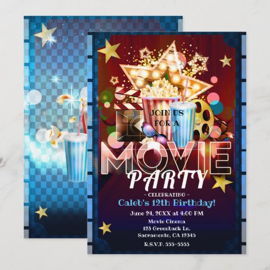 映画館 映画 ムービーナイト 誕生日パーティー 招待状 (正面/裏面)
