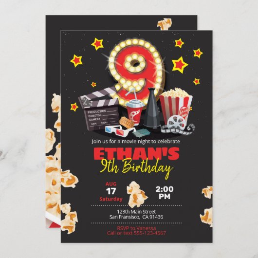 映画館 – 第9誕生日招待状 招待状 (正面/裏面)