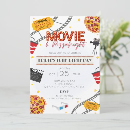 映画&ピザの夜の誕生日パーティーの招待状 招待状 (スタンド正面)
