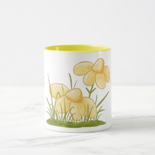 春おもしろいかわいいハチ黄色いデイジー花 マグカップ (中央)