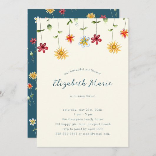 春お洒落ワイルドフラワーイエロー誕生日 招待状 (正面/裏面)
