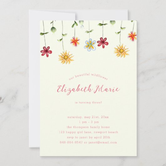 春お洒落ワイルドフラワーホットピンクガール誕生日 招待状 (正面)