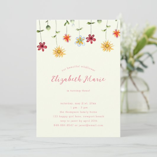 春お洒落ワイルドフラワーホットピンクガール誕生日 招待状 (スタンド正面)