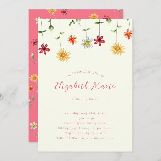 春お洒落ワイルドフラワーホットピンクガール誕生日 招待状 (正面/裏面)