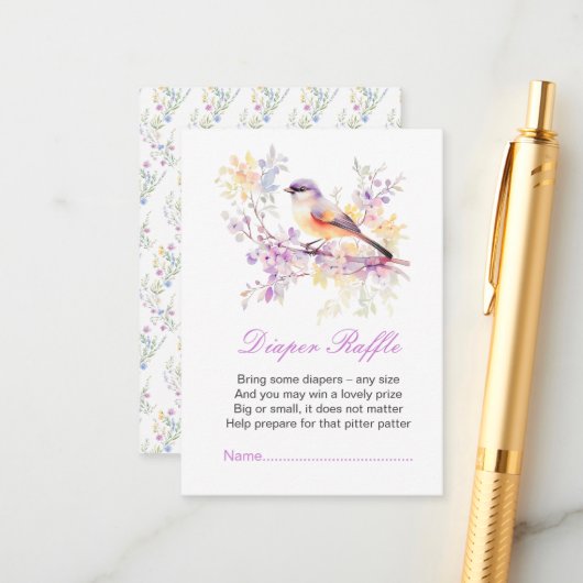 春かわいい鳥の赤ちゃんシャワーおむつラッフル エンクロージャーカード (正面/裏面インサイチュ)