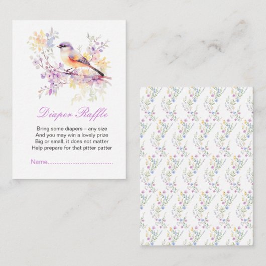 春かわいい鳥の赤ちゃんシャワーおむつラッフル エンクロージャーカード (正面/裏面)