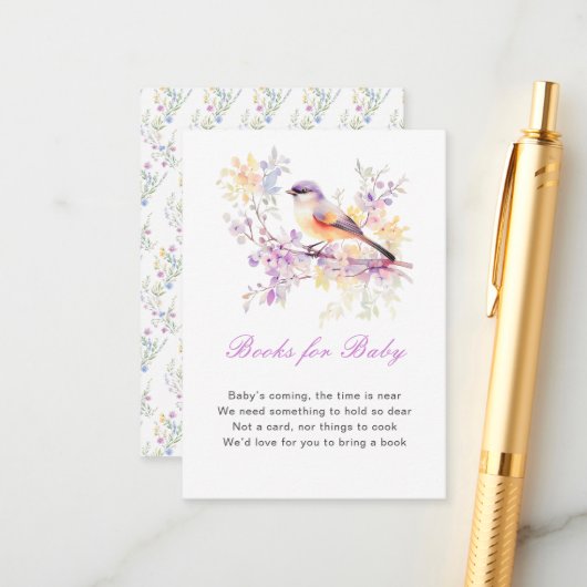 春かわいい鳥の赤ちゃんシャワーベビー本 エンクロージャーカード (正面/裏面インサイチュ)