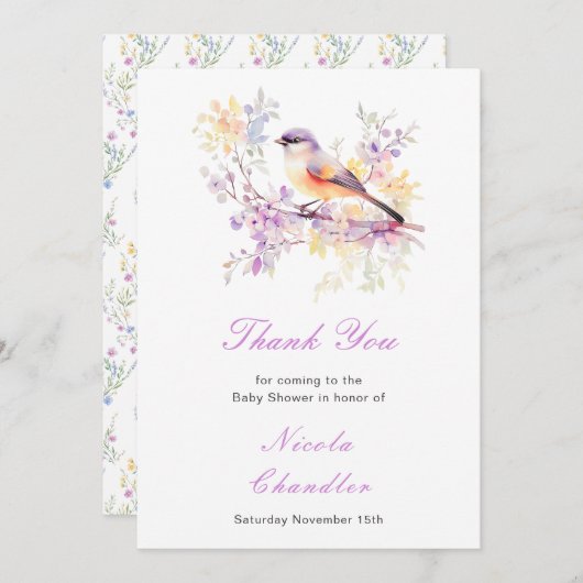 春かわいい鳥の赤ちゃんシャワー サンキューカード (正面/裏面)