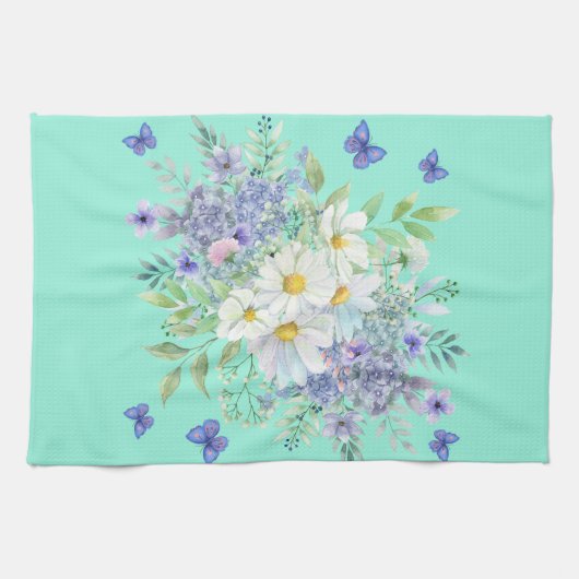 春かわいらしデイジーとブルー蝶 キッチンタオル (横)