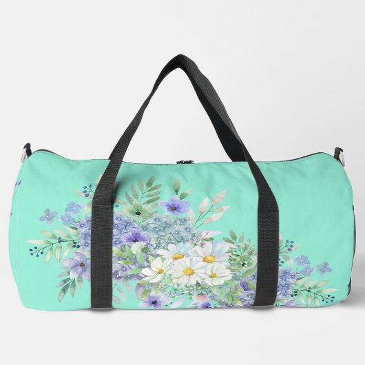 春かわいらしデイジー&ブルーワイルドフラワー ダッフルバッグ (正面)