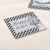 春かわいらしバニーチェッカーボードイースター スクエアペーパーコースター (アングル)