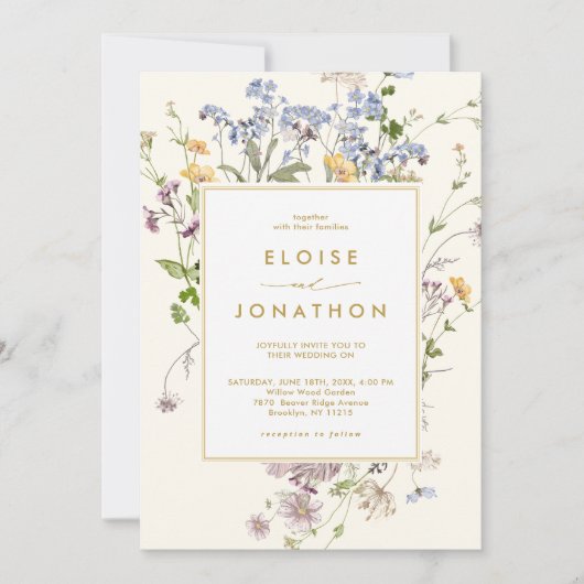 春かわいらしワイルドフラワーメドウ金ゴールドシック結婚ズ 招待状 (正面)