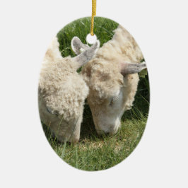春かイースター: 2頭の子ヒツジ同じ草、塀によって1 セラミックオーナメント