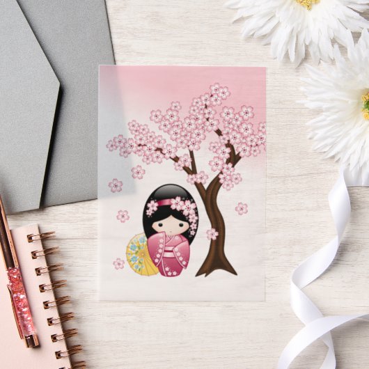 春こけし人形かわいい日本の芸者インサート ベラム紙招待状 (ウェディング)