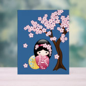 春こけし人形かわいい日本の芸者ガールブルー アクリルサイン (ニュートラル)