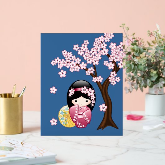 春こけし人形かわいい日本の芸者ガールブルー アクリルサイン (ウェディング)