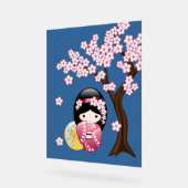 春こけし人形かわいい日本の芸者ガールブルー アクリルサイン (傾斜)