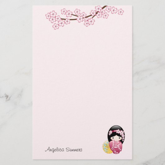 春こけし人形かわいい芸者ガールピンク 便箋 (正面)
