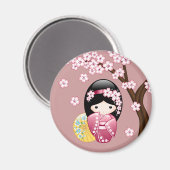 春こけし人形日本の – かわいい芸者オンピンク マグネット (正面/裏面)
