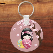 春こけし人形 – かわいい日本の芸者オンピンク キーホルダー (正面)