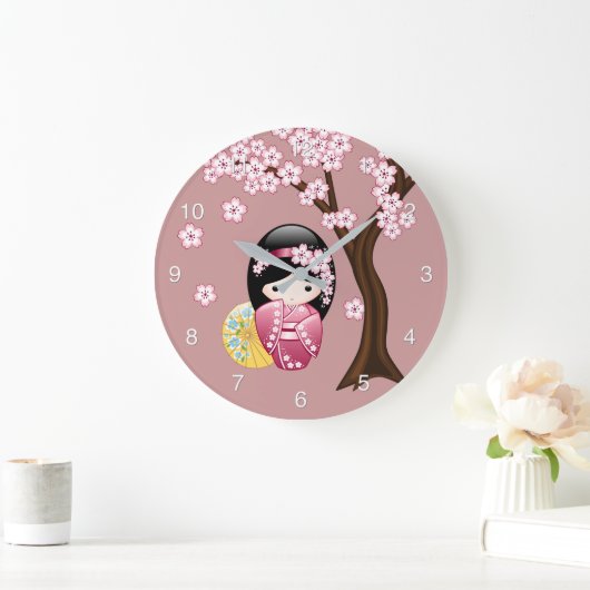春こけし人形 – かわいい日本の芸者オンピンク ラージ壁時計 (ホーム)