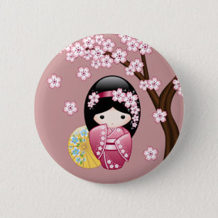 春こけし人形 – かわいい日本の芸者オンピンク 缶バッジ