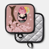 春こけし人形 – かわいい日本の芸者オンピンク 鍋敷き (正面/裏面)