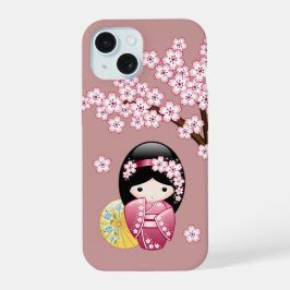 春こけし人形 – かわいい日本の芸者オンピンク iPhone 15ケース