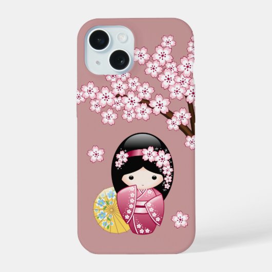 春こけし人形 – かわいい日本の芸者オンピンク iPhone 15ケース (裏面)