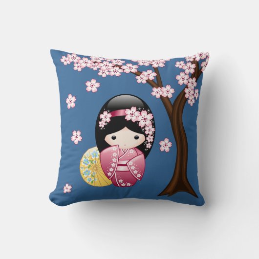 春こけし人形 – かわいい日本の芸者オンブルー クッション (正面)