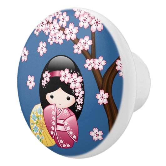 春こけし人形 – かわいい日本の芸者オンブルー セラミックノブ (右)