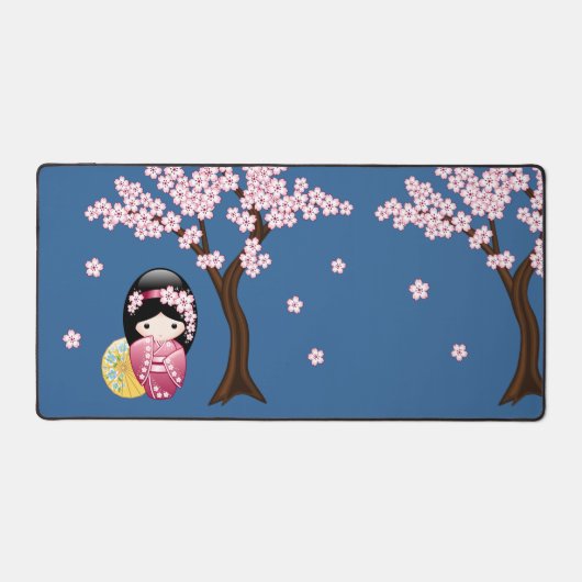 春こけし人形 – かわいい日本の芸者オンブルー デスクマット (正面)