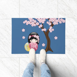 春こけし人形 – かわいい日本の芸者オンブルー ドアマット