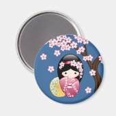 春こけし人形 – かわいい日本の芸者オンブルー マグネット (正面/裏面)