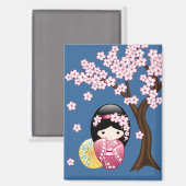 春こけし人形 – かわいい日本の芸者オンブルー マグネット (正面/裏面)