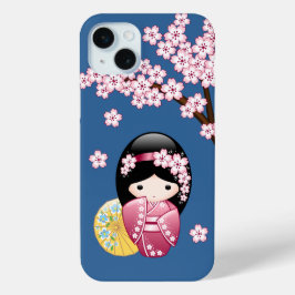春こけし人形 – かわいい日本の芸者オンブルー iPhone 15 MINIケース