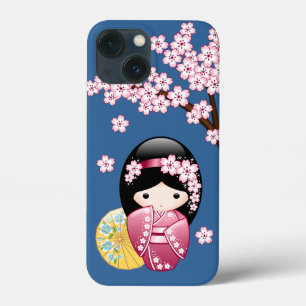 春こけし人形 – かわいい日本の芸者オンブルー iPhone 13 MINIケース