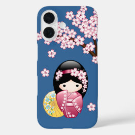 春こけし人形 – かわいい日本の芸者オンブルー iPhone 16ケース