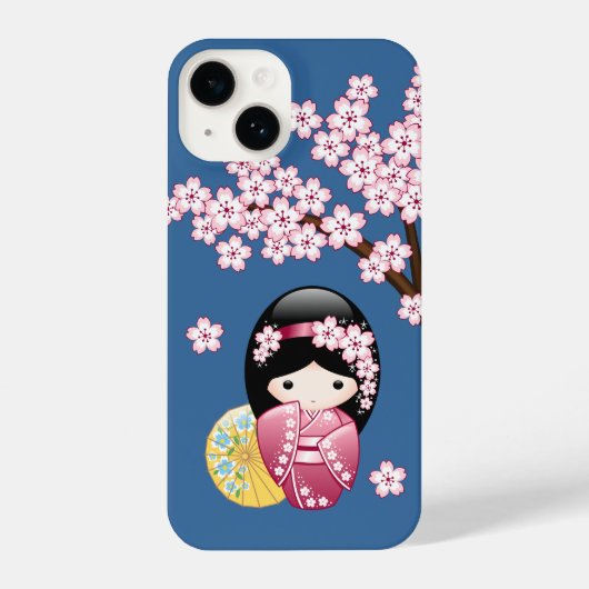 春こけし人形 – かわいい日本の芸者オンブルー iPhoneケース (裏面)