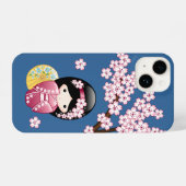 春こけし人形 – かわいい日本の芸者オンブルー iPhoneケース (裏面横)