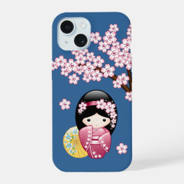 春こけし人形 – かわいい日本の芸者オンブルー iPhone 15ケース